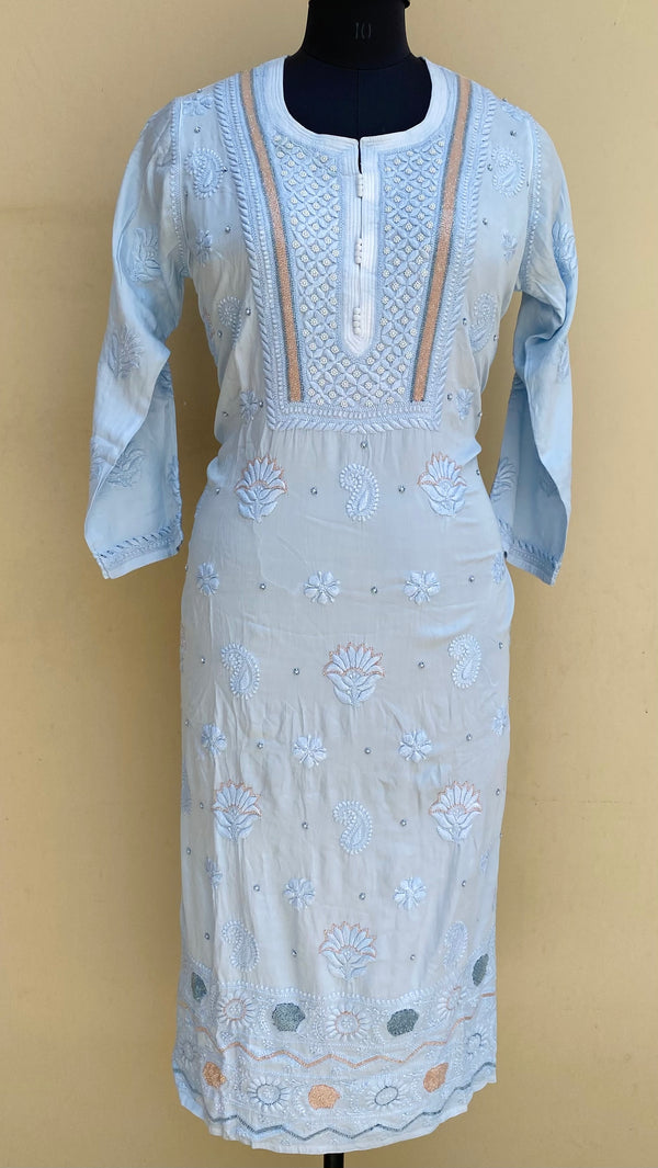 Lucknowi Chikankari Kurti Powder Blue Muslin Cotton With Pearl , Resham & Cutdana Work