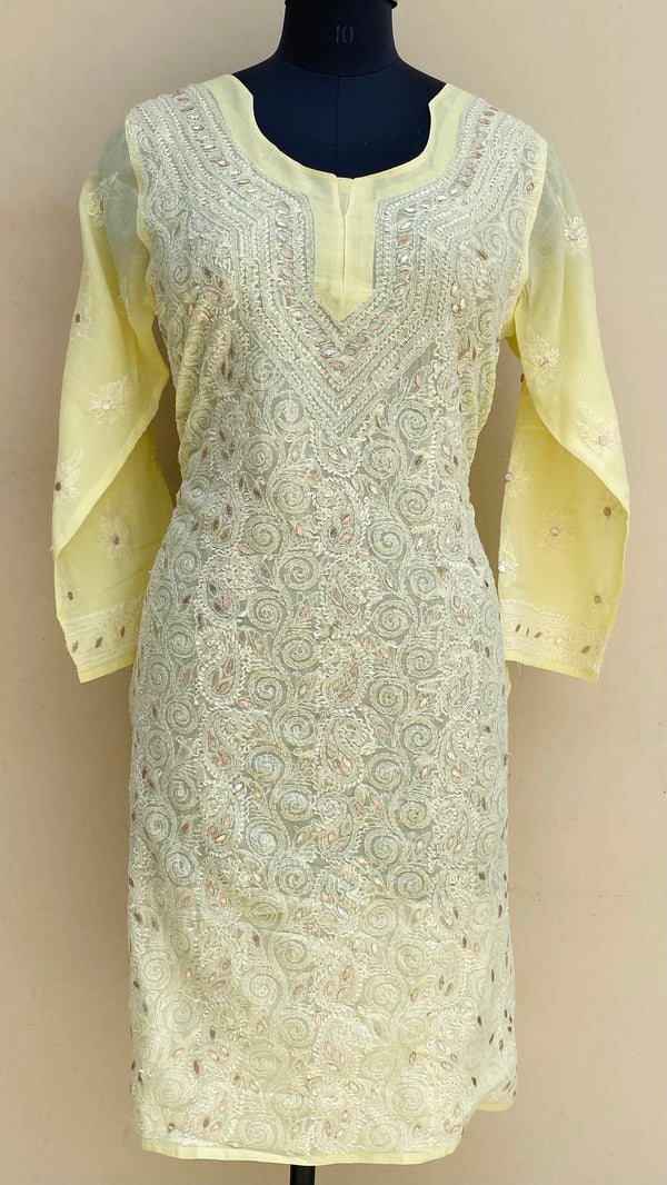 Lucknowi Chikankari Kurti Lemon Yellow Cotton With Gotta Patti Work