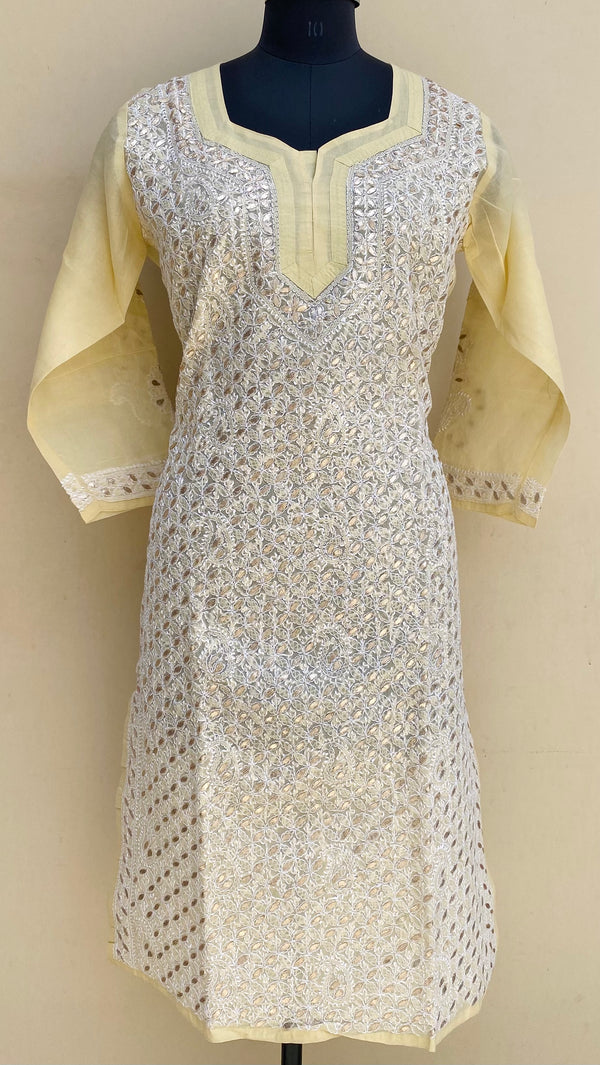 Lucknowi Chikankari Kurti Cream Cotton With Gotta Patti Work