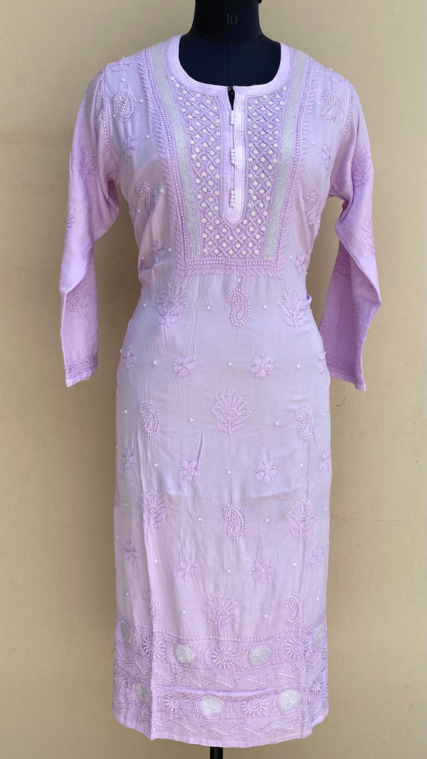 Lucknowi Chikankari Kurti Purple Muslin Cotton With Pearl, Resham & Cutdana Work