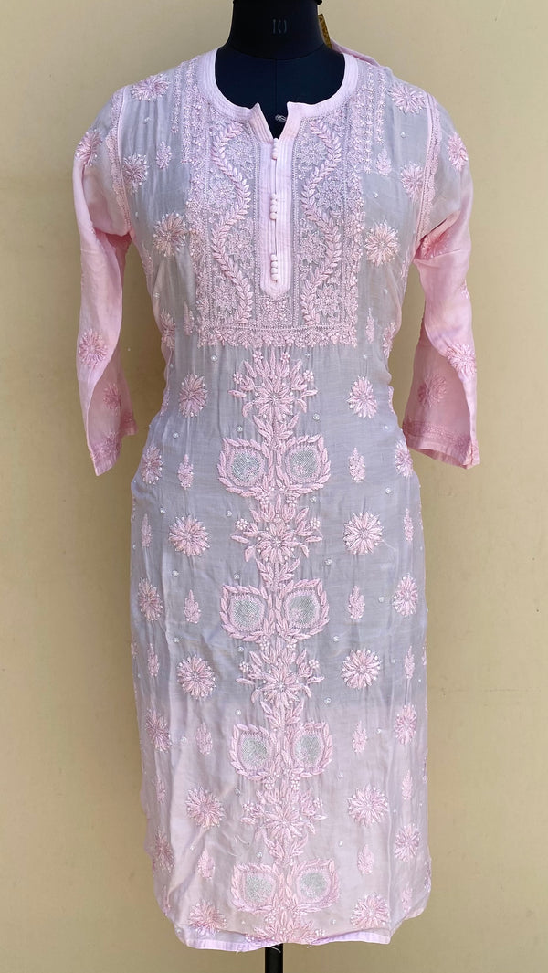 Lucknowi Chikankari Kurti Pink Muslin Cotton With Pearl, Resham & Cutdana Work