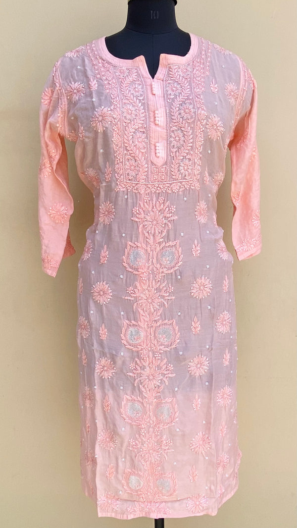 Lucknowi Chikankari Kurti Pink Muslin Cotton With Pearl, Resham & Cutdana Work