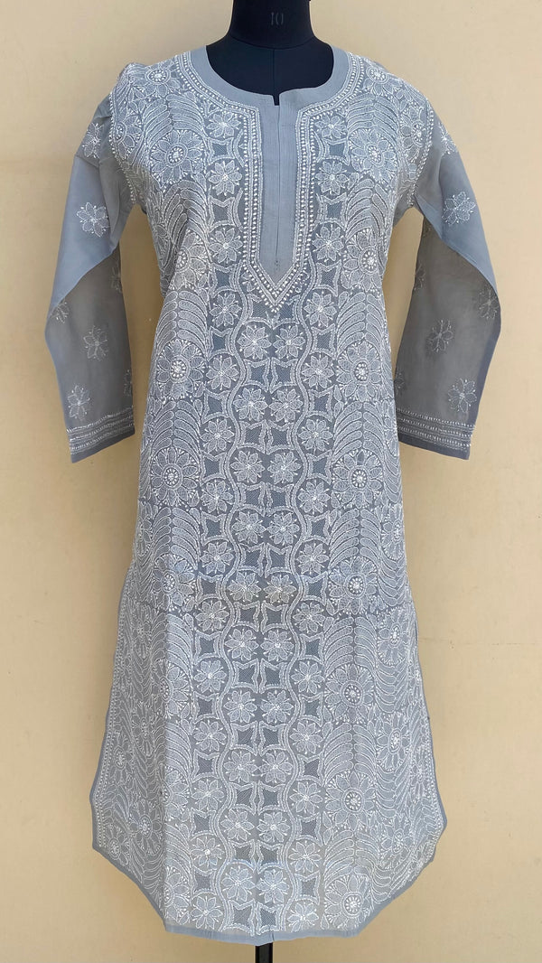 Lucknowi Chikankari Kurti Gray Cotton With Jaali Work