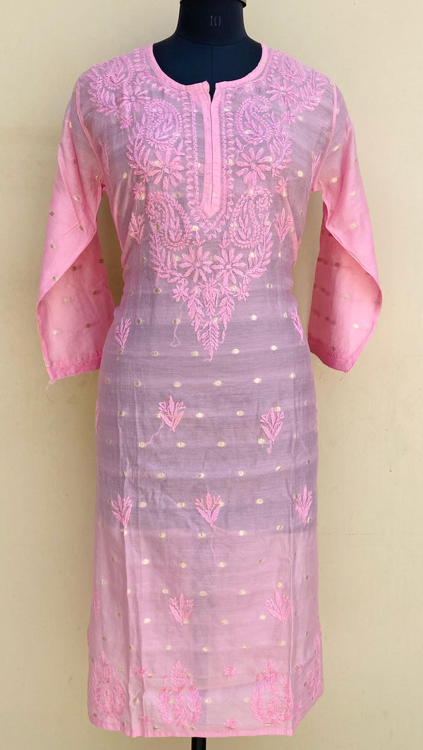 Lucknowi Chikankari Self Kurti Pink Mal Chanderi With 3D Work