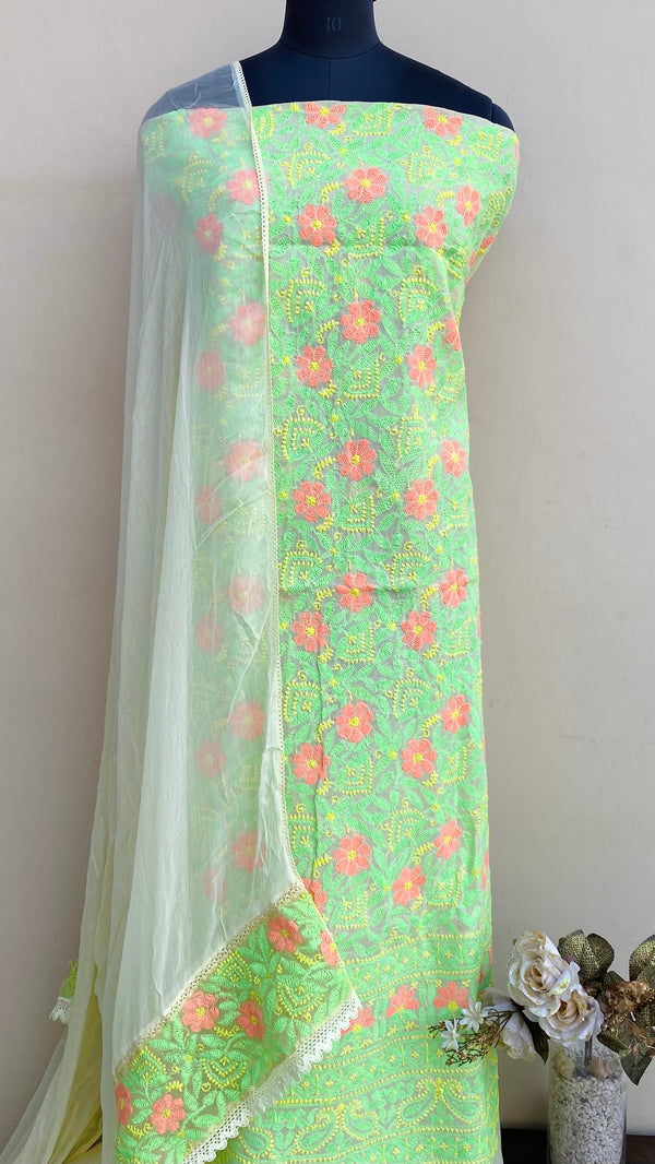 Lucknowi Chikankari Suit Length 3 Piece Lemon Yellow Cotton