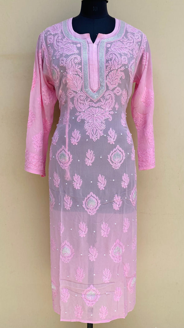 Lucknowi Chikankari Kurti Pink Pure Georgette With Pearl & Cutdana Work