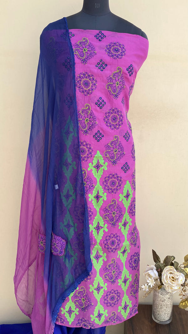 Lucknowi Chikankari Suit Length 3 Piece Purple Cotton With Applique Work