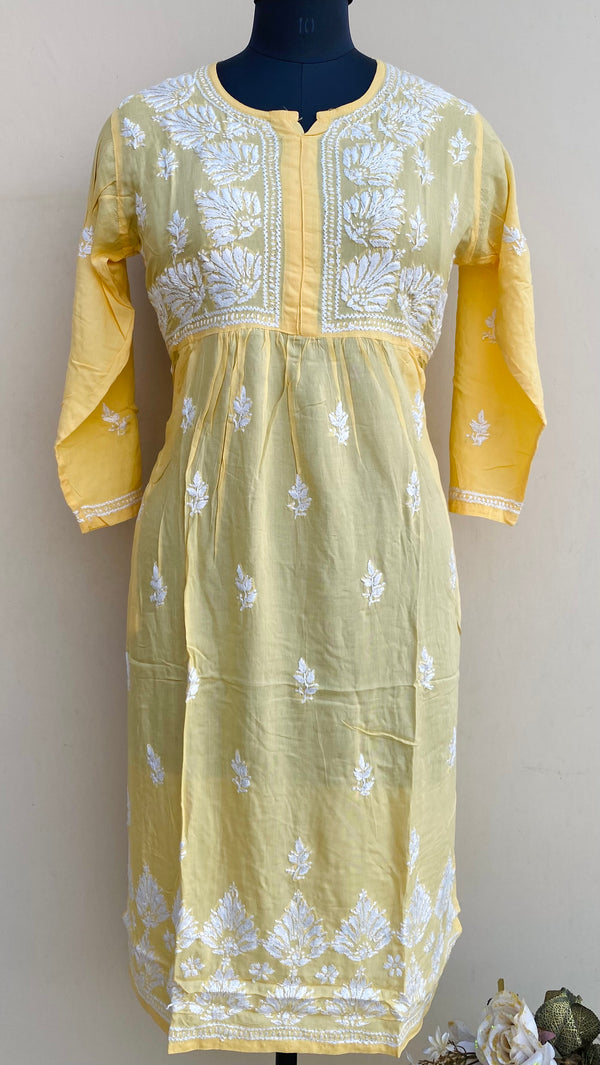 Lucknowi Chikankari Kurti Yellow Modal Cotton With Pockets