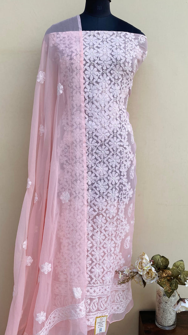 Lucknowi Chikankari Suit Length 3 Piece Peach Georgette