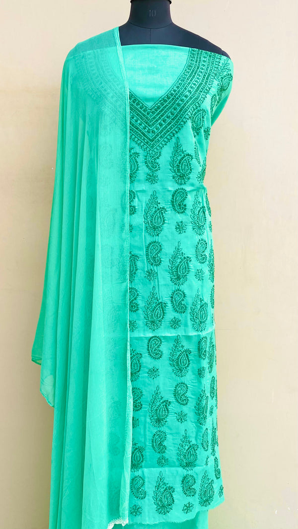 Lucknowi Chikankari Suit Length 3 Piece Green Cotton