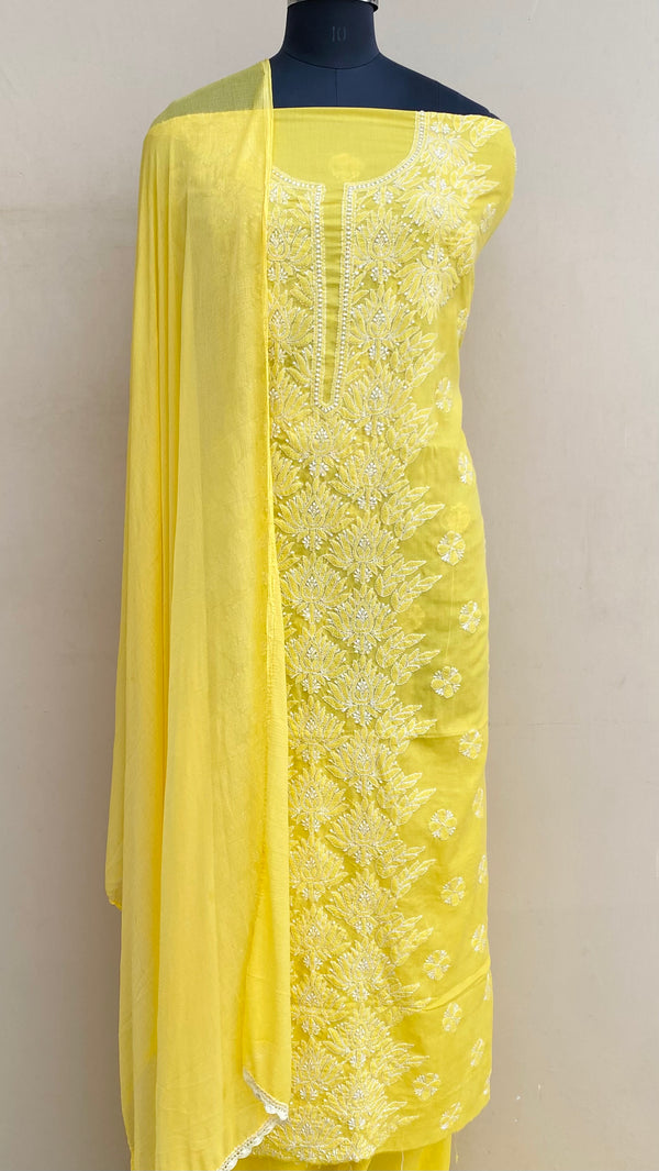 Lucknowi Chikankari Suit Length 3 Piece Yellow Mulmul Cotton