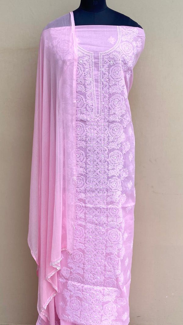 Luchnowi Chikankari Suit Length 3 Piece Pink Cotton