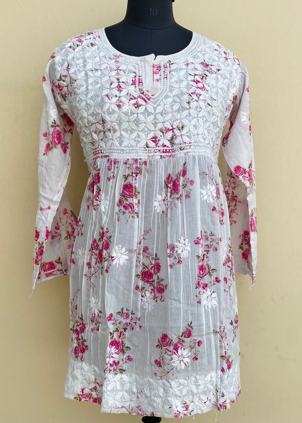 Lucknowi Chikankari Printed Short Kurti Pink Mulmul Cotton