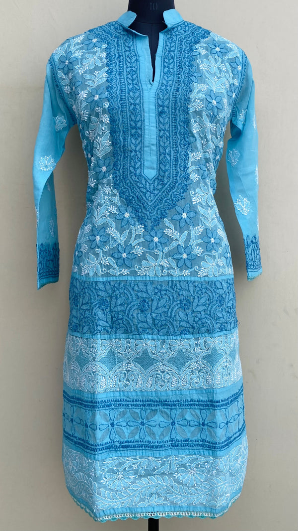 Lucknowi Chikankari Kurti Blue Cotton With Jaali Work