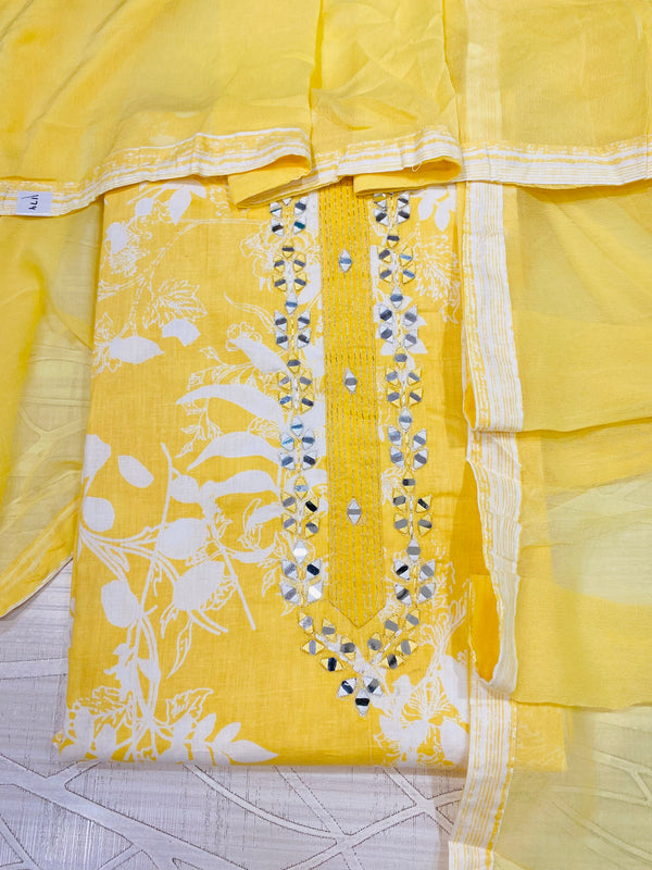 Designer Embroidered Suit Length 3 Piece Yellow Mal Cotton