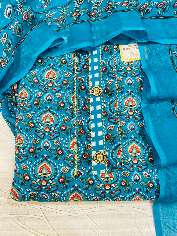 Designer Suit Length 3 Piece Blue Mal Cotton