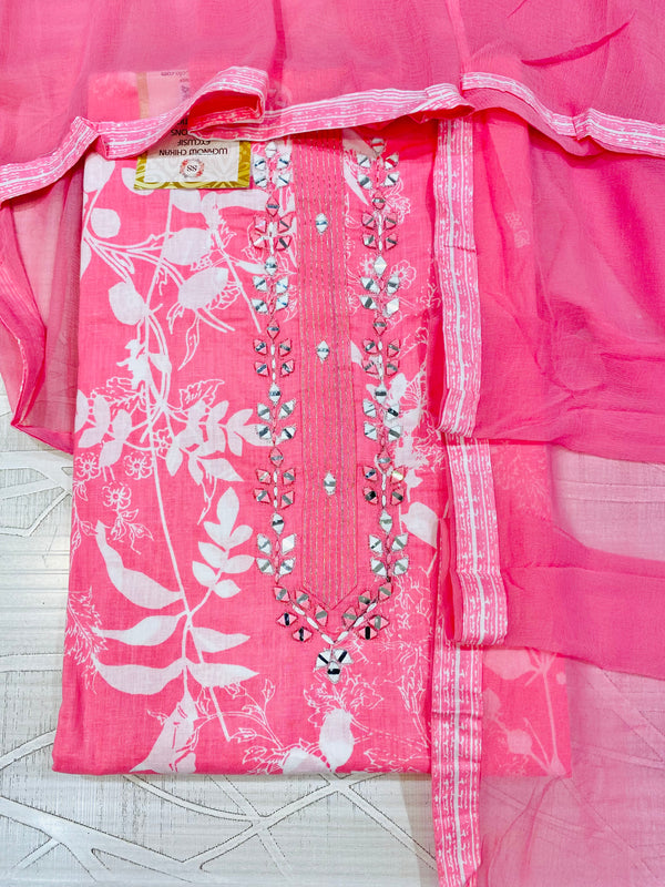 Designer Embroidered Suit Length 3 Piece Pink Mal Cotton