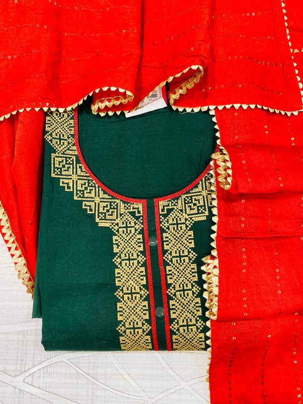 Designer Embroidered Suit Length 3 Piece Green Mal Cotton