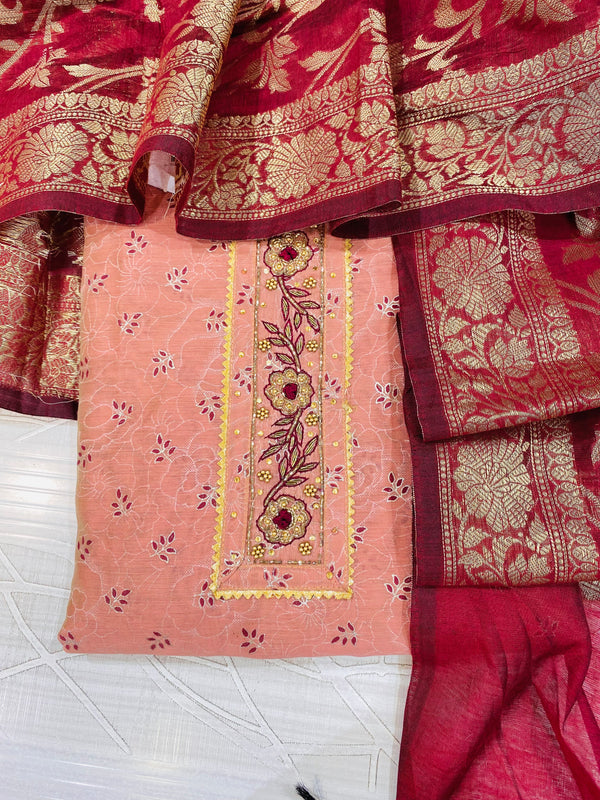 Designer Embroidered Suit Length 3 Piece Rust Chanderi Cotton