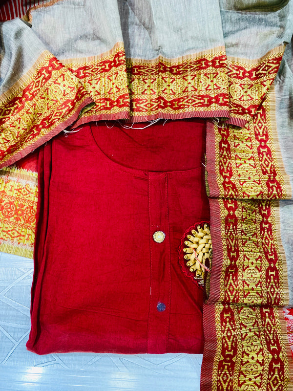 Designer Suit Length 3 Piece Maroon Mal Cotton