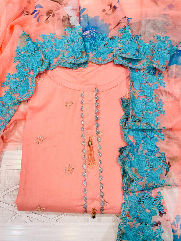 Designer Embroidered Suit Length 3 Piece Peach Mal Cotton