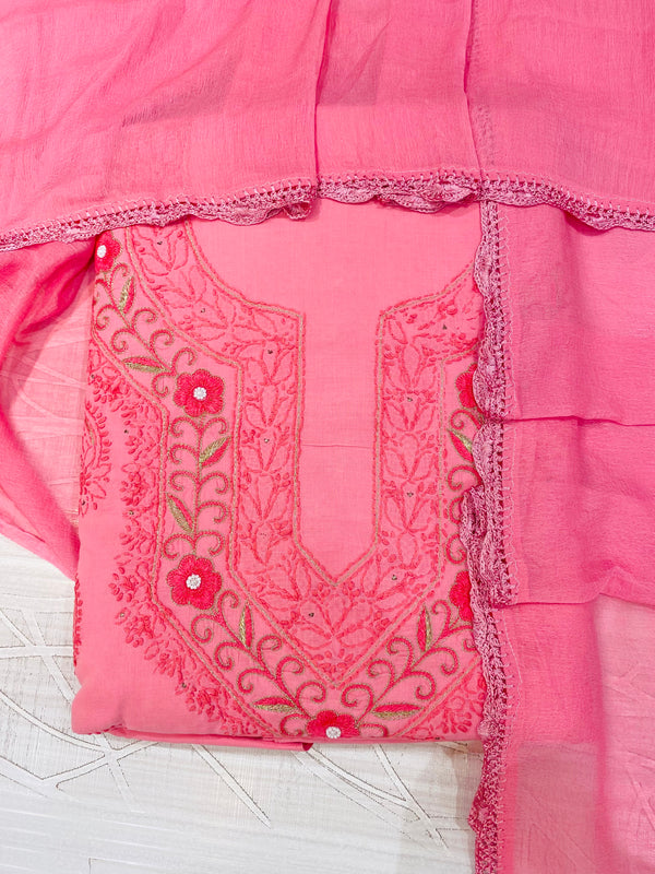 Lucknowi Chikankari Suit Length 3 Piece Pink Cotton
