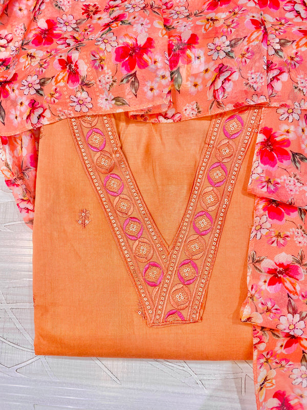 Designer Embroidered Suit Length 3 Piece Peach Mal Cotton