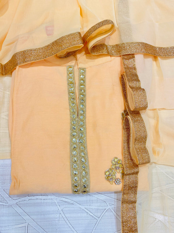 Designer Embroidered Suit Length 3 Piece Peach Muslin Cotton