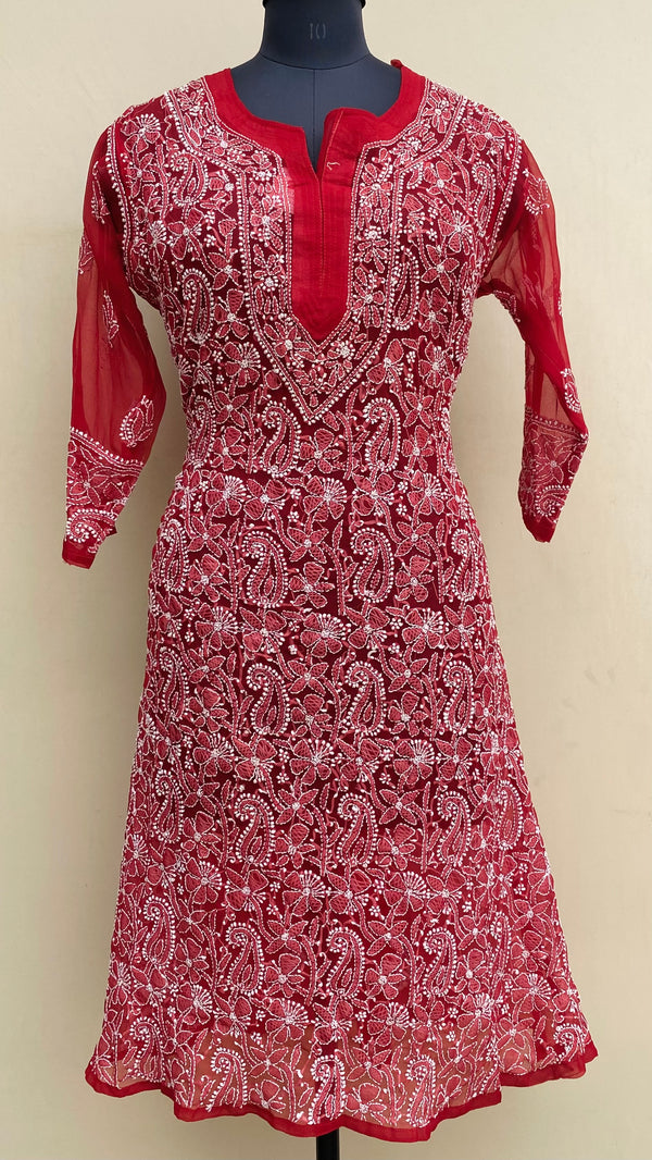 Lucknowi Chikankari Kurti Red Georgette