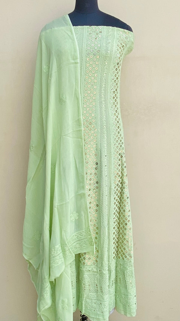 Lucknowi Chikankari Anarkali Suit Length 2 Piece Pista Green Pure Georgette With Mukaish Work