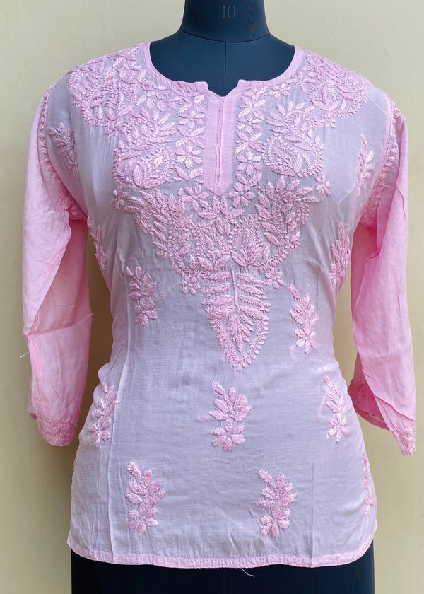 Lucknowi Chikankari Short Kurti Pink Mal Chanderi With Self 3D Work