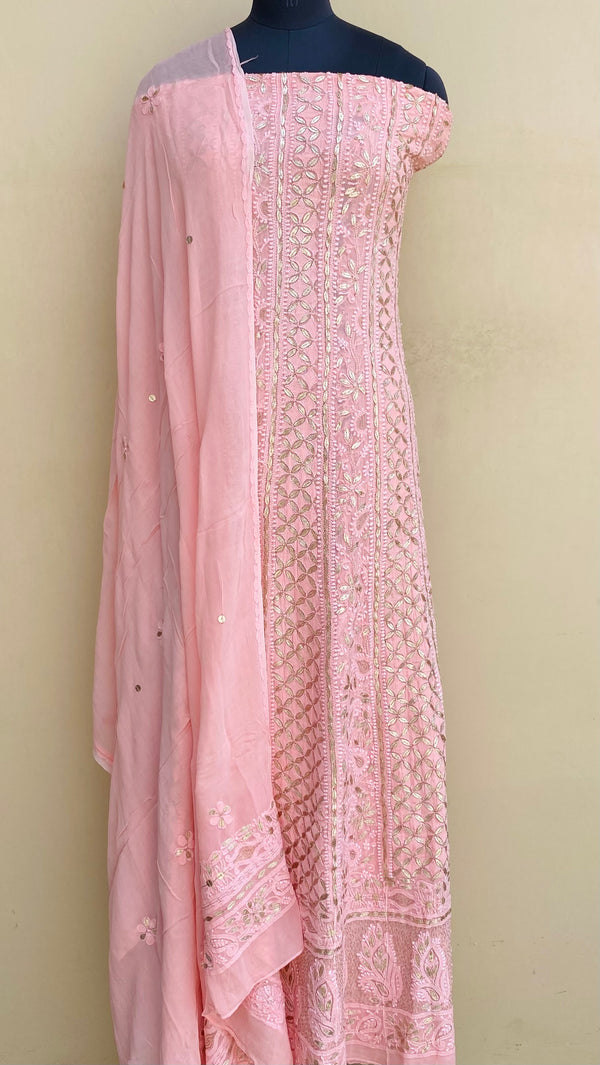 Lucknowi Chikankari Anarkali Suit Length 2 Piece Pink Pure Georgette With Gotta Patti Work