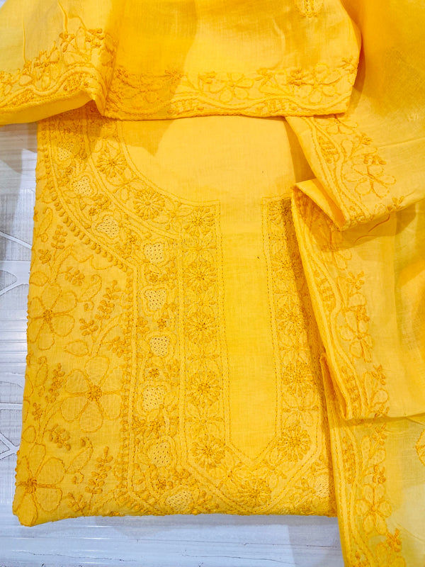 Lucknowi Chikankari Suit Length 3 Piece Yellow Cotton with Embroidered Cotton Dupatta