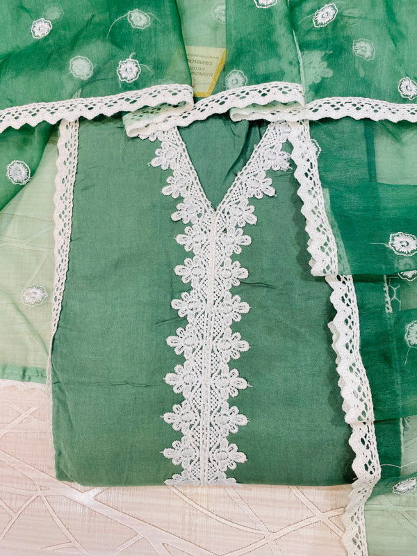 Designer Embroidered Suit Length 3 Piece Green Muslin Cotton