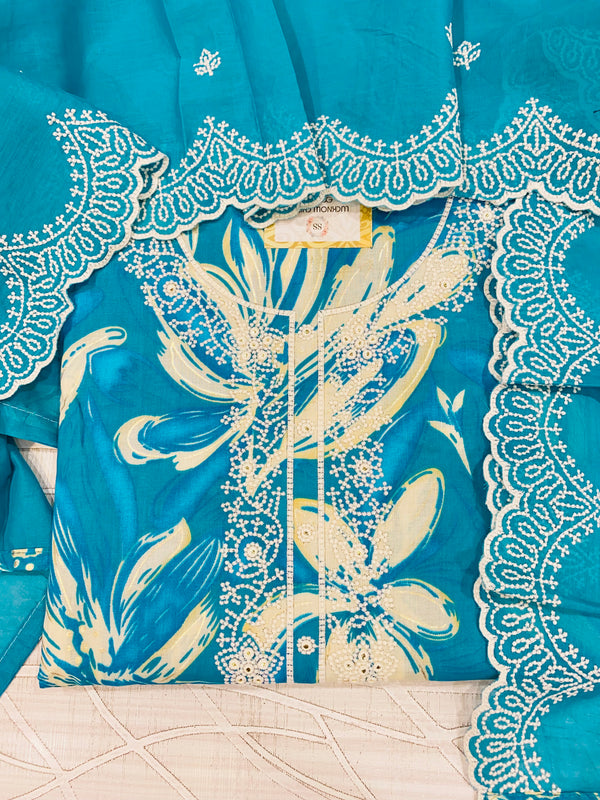 Designer Embroidered Suit Length 3 Piece Blue Mal Cotton
