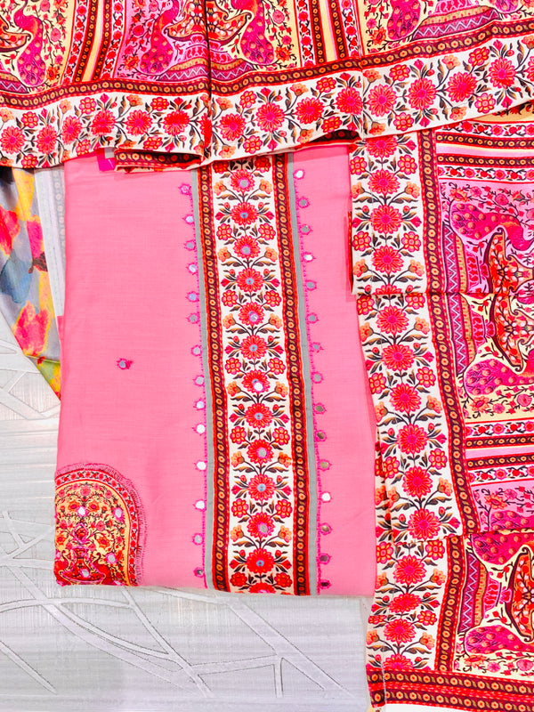 Designer Embroidered Suit Length 3 Piece Pink Mal Cotton