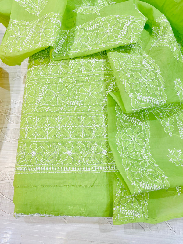 Lucknowi Chikankari Suit Length 3 Piece Green Cotton with Embroidered Cotton Dupatta