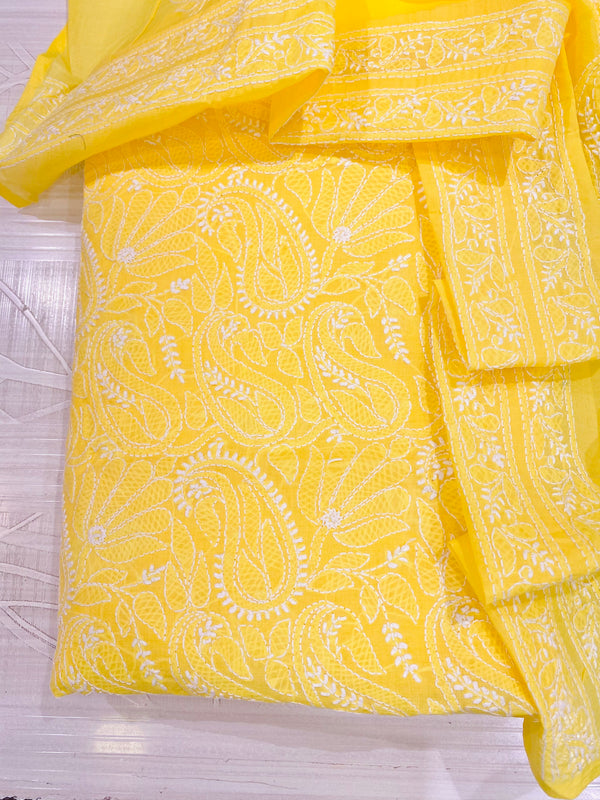 Lucknowi Chikankari Suit Length 3 Piece Yellow Cotton with Embroidered Cotton Dupatta