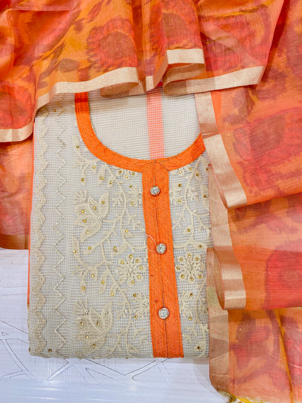 Designer Embroidered Suit Length 3 Piece Beige Kota