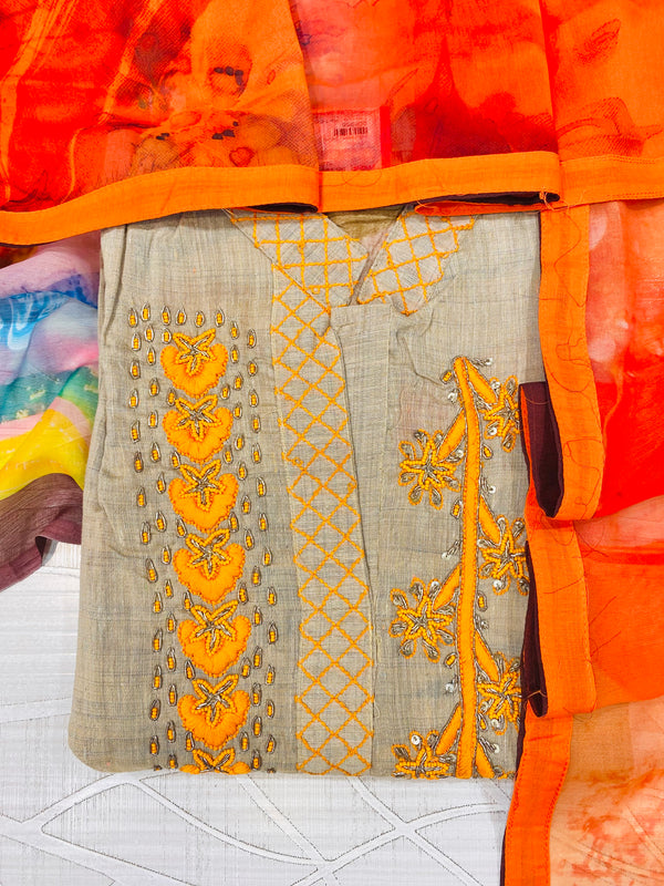 Designer Embroidered Suit Length 3 Piece Beige Cotton
