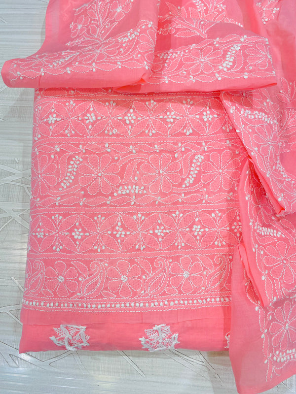 Lucknowi Chikankari Suit Length 3 Piece Pink Cotton with Embroidered Cotton Dupatta