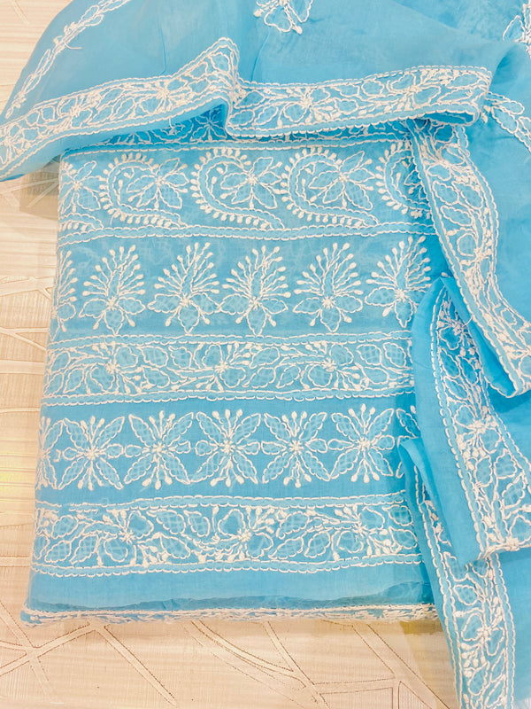 Lucknowi Chikankari Suit Length 3 Piece Blue Cotton with Embroidered Cotton Dupatta