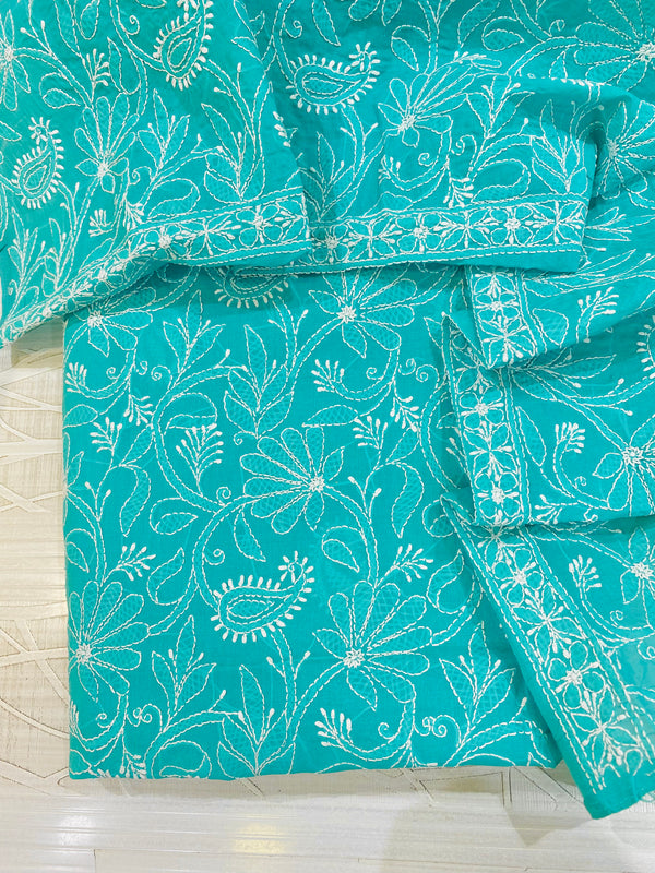 Lucknowi Chikankari Suit Length 3 Piece Green Cotton with Embroidered Cotton Dupatta