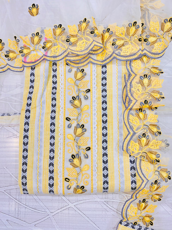 Designer Embroidered Suit Length 3 Piece Yellow Cotton