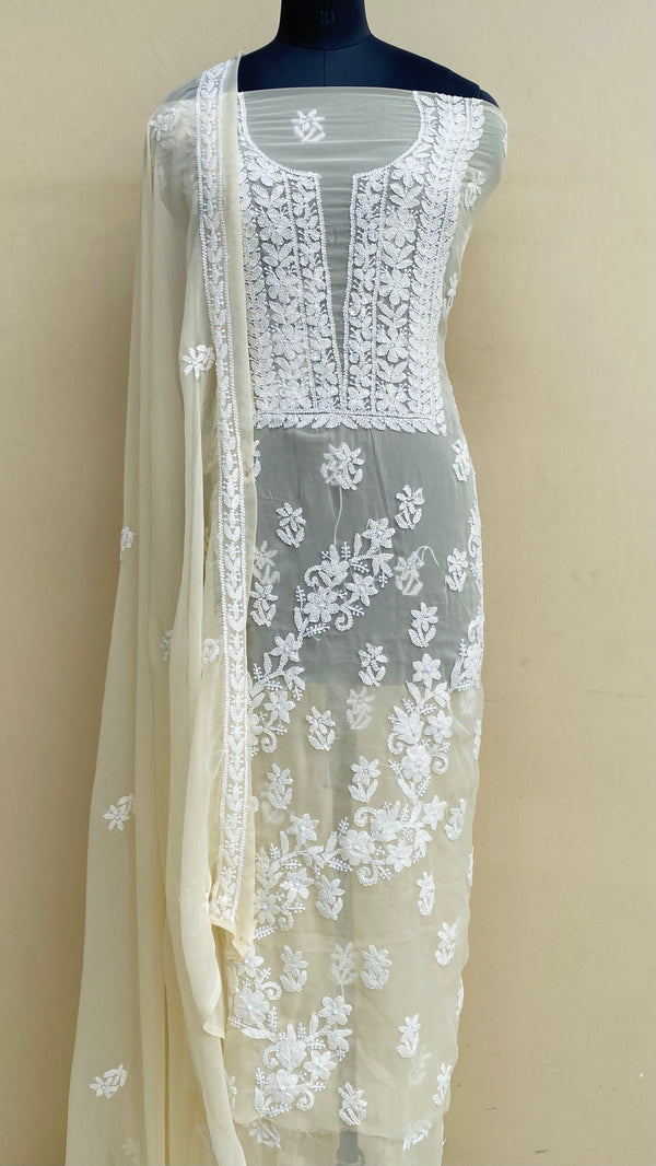 Lucknowi Chikankari Suit Length 3 Piece Cream Georgette