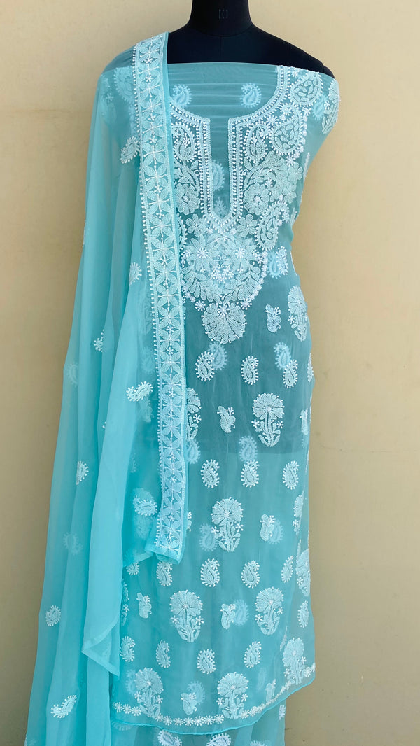 Lucknowi Chikankari Suit Length 3 Piece Blue Georgette