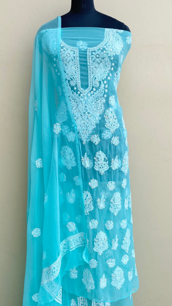 Lucknowi Chikankari Suit Length 3 Piece Sea Green Georgette