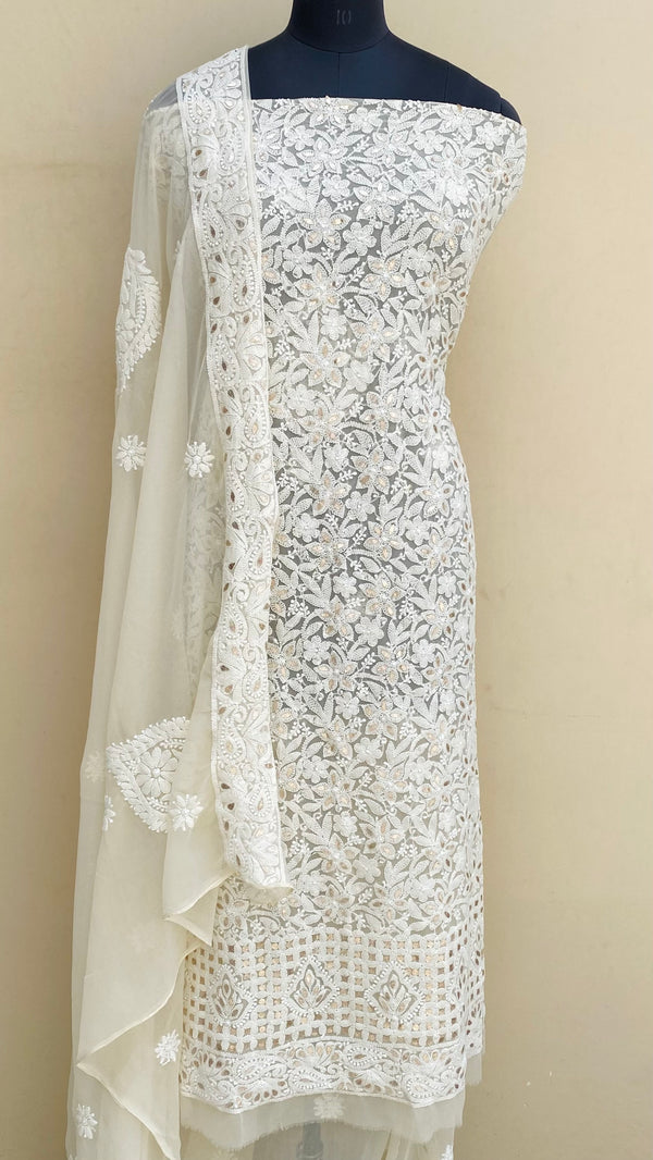 Lucknowi Chikankari Suit Length 3 Piece Cream Georgette