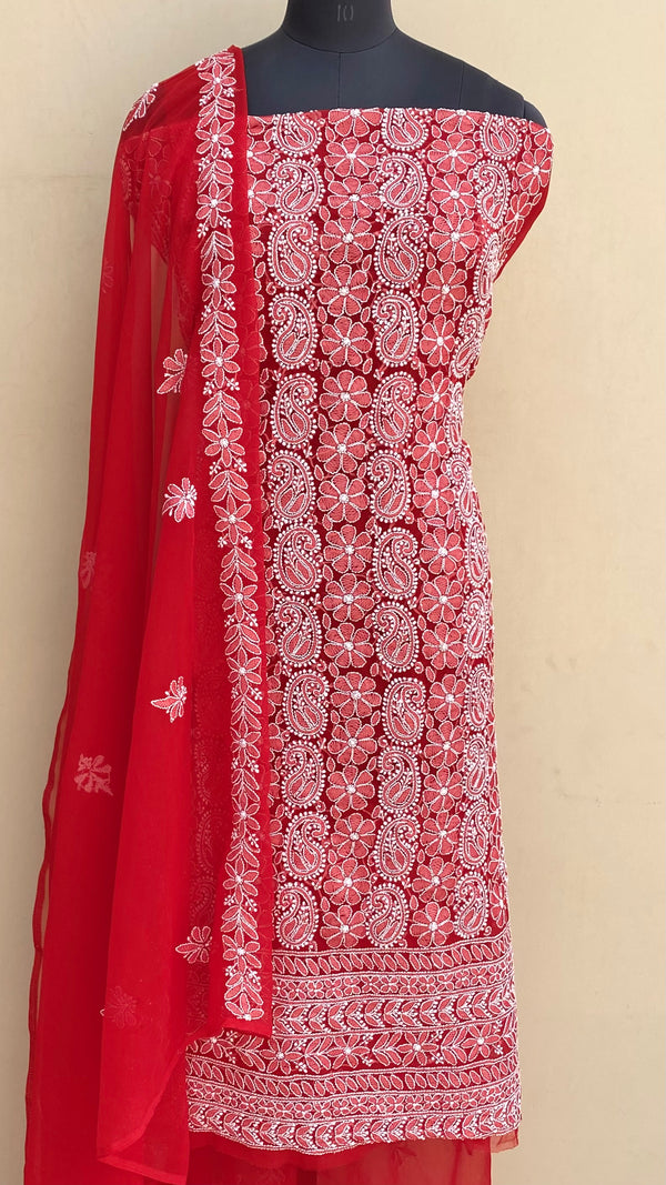 Lucknowi Chikankari Suit Length 3 Piece Red Georgette