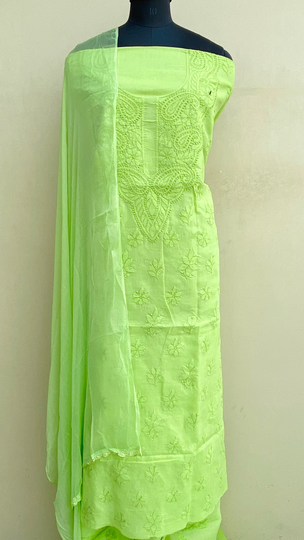 Lucknowi Chikankari Suit Length 3 Piece Parrot Green Cotton